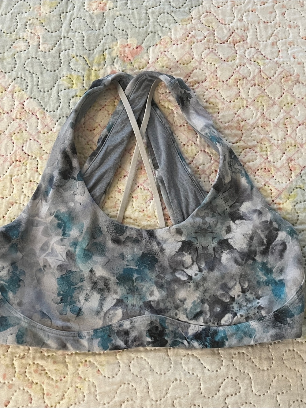 lululemon athletica Gray & Teal Floral-Print Sports Bra with Strappy Back